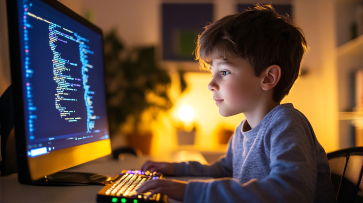 Young Boy Focused on Coding on A Computer Screen Displaying Complex Programming Code in A Cozy, Dimly Lit Room