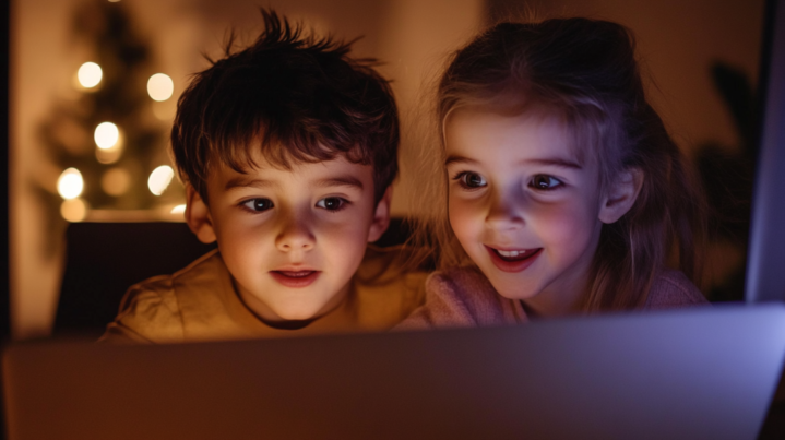 Two Young Children, a Boy and A Girl, Gleefully Looking at A Computer Screen, Illuminated by Its Glow and Festive Background Lights