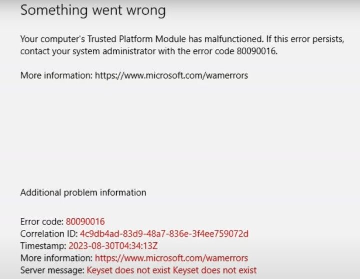Trusted Platform Module has malfunctioned Error Code 80090016