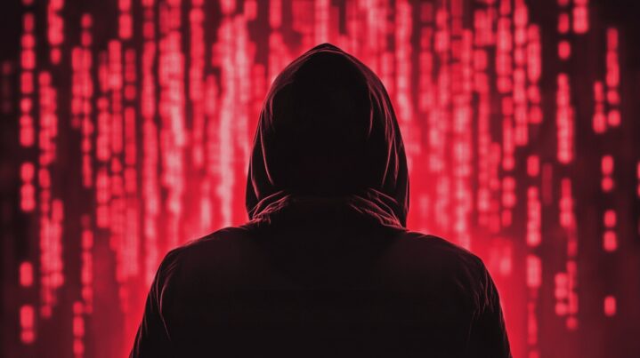 Silhouette of a hooded figure against a red background with digital binary code