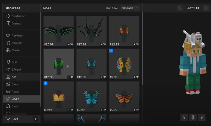 Minecraft mod marketplace screen showing cosmetic wings for player characters with prices listed