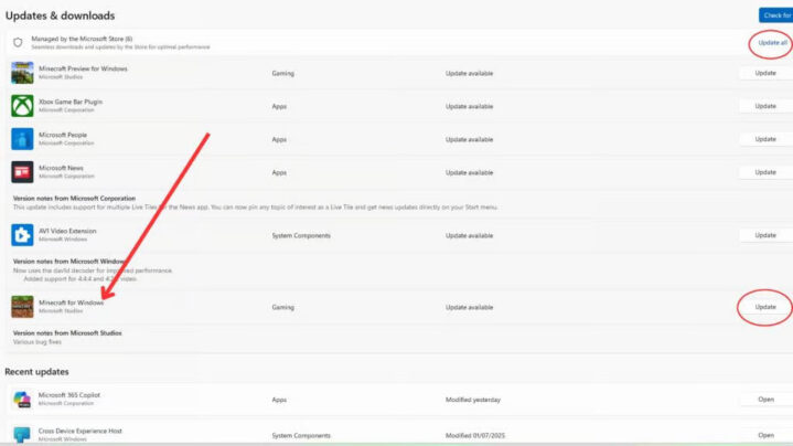 Screenshot of Microsoft Store updates page showing Minecraft for Windows with an available update button highlighted
