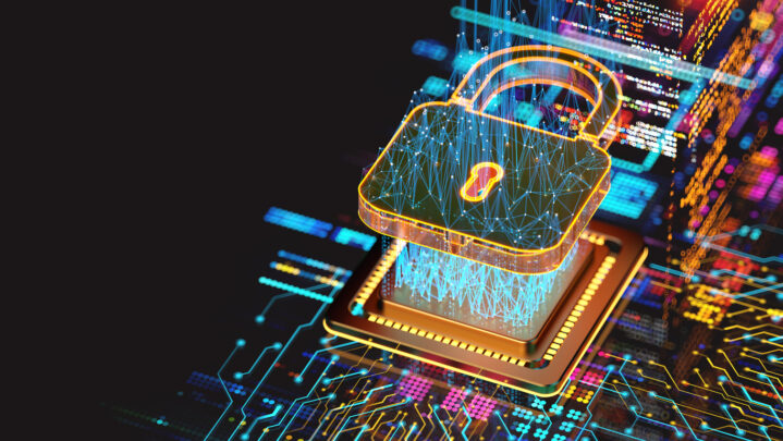 Digital security concept. protect data. lock sign on cpu