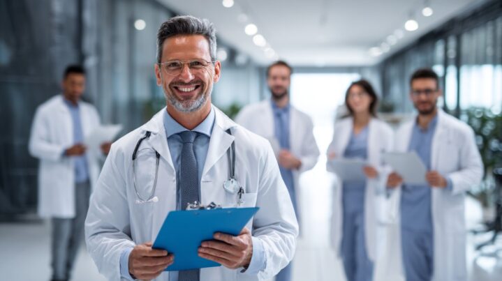A group of healthcare professionals smiling in a modern medical facility, highlighting teamwork and collaboration in a professional healthcare setting