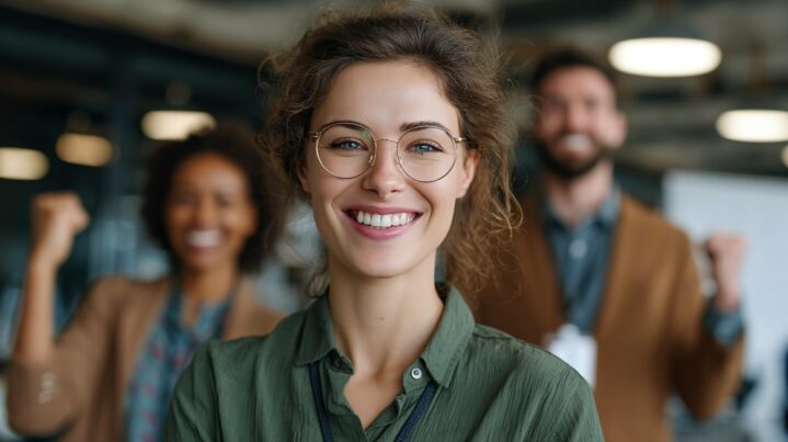 A group of happy professionals smiling and celebrating success together in a workplace setting, highlighting team spirit and engagement